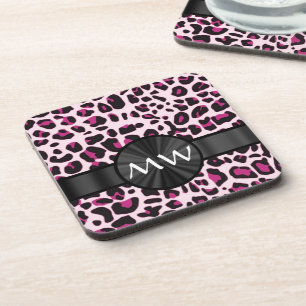 Posavasos Impresión y monograma de leopardo rosa