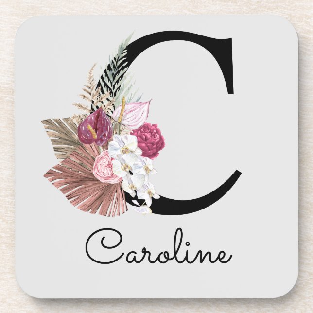 Posavasos Inicial C Monogramada Floral Boho Rosa (Frente)