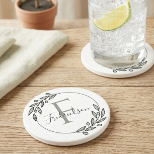 Posavasos Inicial de Monograma con Corona de Olivo Minimalis