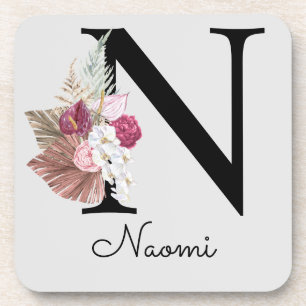 Posavasos Inicial floral boho femenino rosa Monograma N