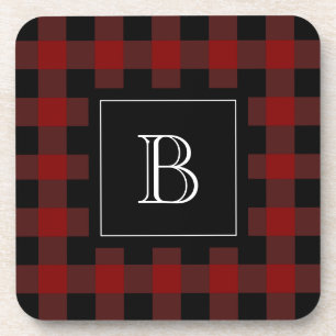 Posavasos Inicial monograma de plaid de búfalo rústico Rojo 