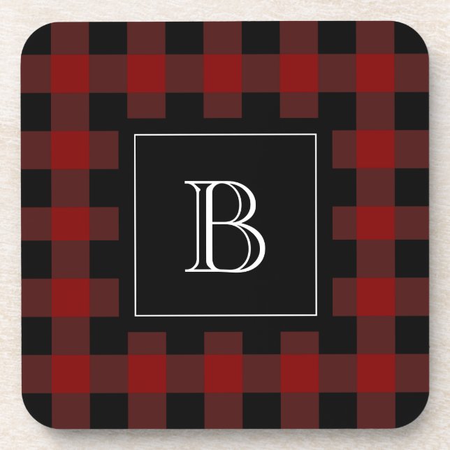Posavasos Inicial monograma de plaid de búfalo rústico Rojo  (Frente)