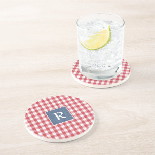 Posavasos Inicial, Red Check, Denim Trendy Sandstone Coaster