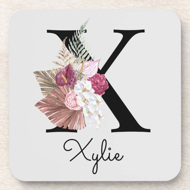 Posavasos Inicial X Monogramada Rosa Floral Boho (Frente)