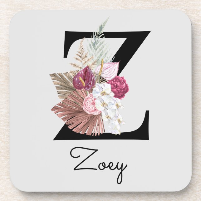 Posavasos Inicial Z Monogramada Rosa Floral Boho (Frente)