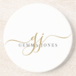 Posavasos Iniciales con guión dorado Monograma Blanco Minima<br><div class="desc">Un moderno monograma negro dorado en moda sobre ruedas blancas,  con un guión dramático inicial con chispas y su nombre completo en un tipo serif moderno, </div>