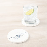 Posavasos Iniciales de guión azul de la marina Monograma Min<br><div class="desc">Un monograma moderno y elegante de moda con las iniciales de la escritura azul marino,  con un guión dramático inicial con los swashes y su nombre completo en un tipo serif moderno, </div>