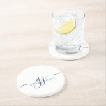 Posavasos Iniciales de guión azul de la marina Monograma Min<br><div class="desc">Un monograma moderno y elegante de moda con las iniciales de la escritura azul marino,  con un guión dramático inicial con los swashes y su nombre completo en un tipo serif moderno, </div>
