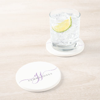 Posavasos Iniciales de guión de lavanda Monograma Minimalist