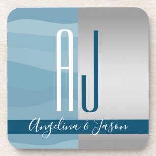 Posavasos Iniciales modernas y sencillas de Boda azul y plat