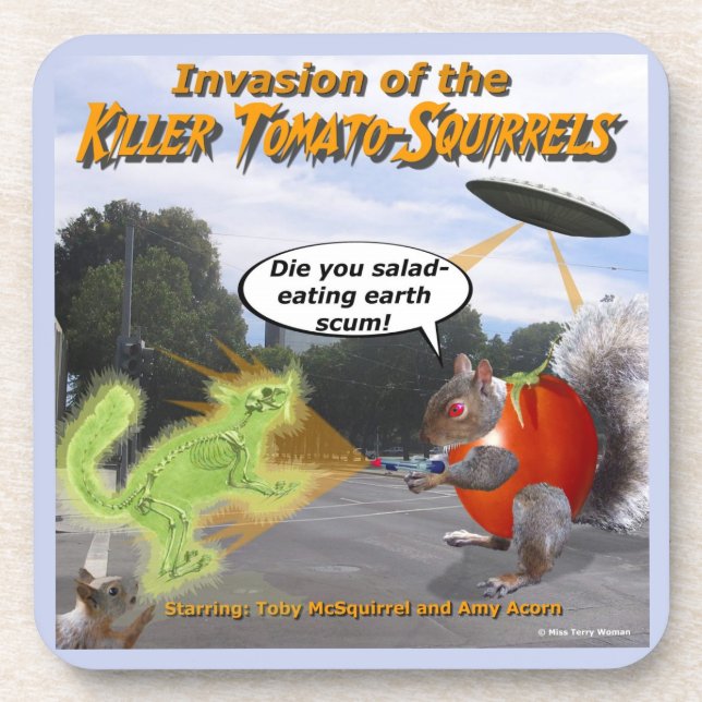 Posavasos Invasión de las ardillas asesinas de tomate (Frente)