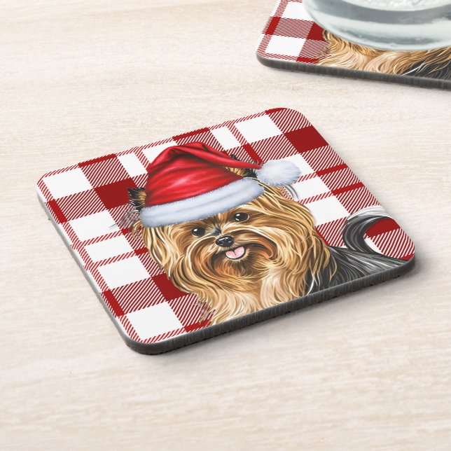 Posavasos Invierno Biewer Terrier Dog Holiday Red Plaid (Lado Izquierdo)