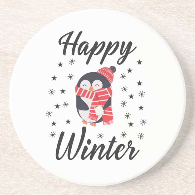Posavasos Invierno feliz, pingüino lindo (Frente)