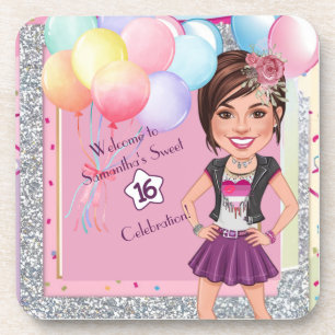 Posavasos Invitación a la caricatura CustomSweet 16 con glob