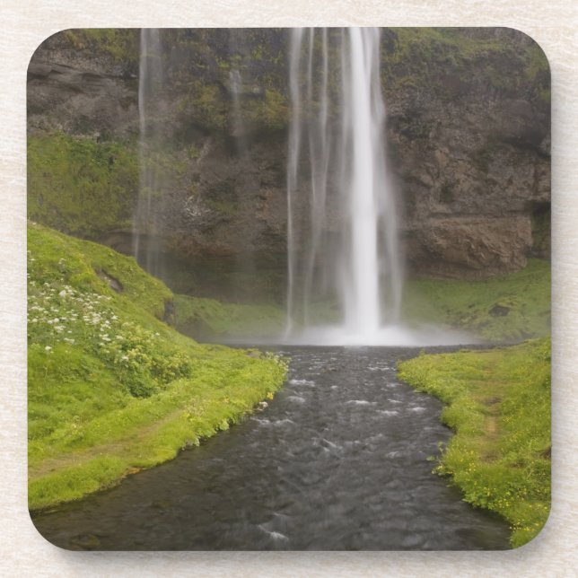 Posavasos Islandia. Gente en camino detrás de Seljalandsfoss (Frente)