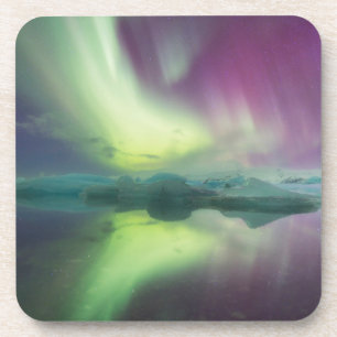 Posavasos Islandia, Jokulsarlon. Luces de Aurora se reflejan