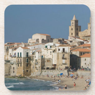 Posavasos Italia, Sicilia, Cefalù, vista de la ciudad con Du