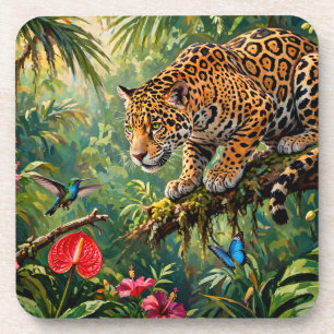 Posavasos Jaguar Selva Colibríes Mariposas Flores