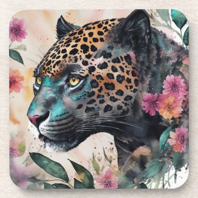 Posavasos Jaguar Watercolor Floral Art Bebida (Frente)