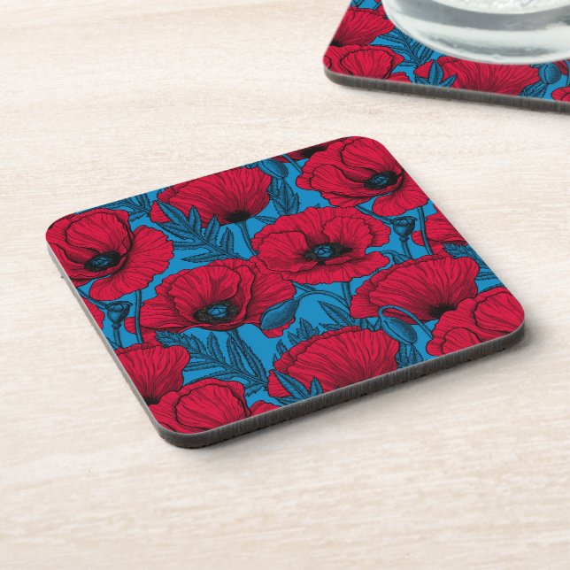 Posavasos Jardín de amapolas rojas sobre azul (Lado Izquierdo)