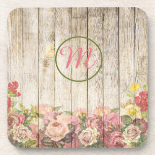 Posavasos Jardín de flores monograma en cerca de madera