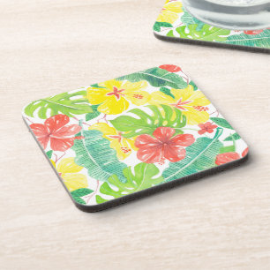 Posavasos Jardín tropical, plumeria de hibiscos y hojas de p