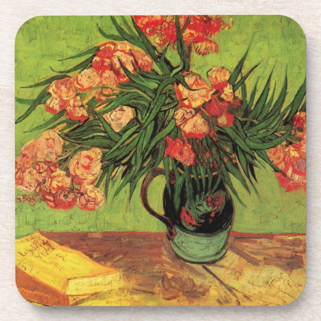 Posavasos Jarrón con adelfas y libros de Vincent van Gogh (Frente)