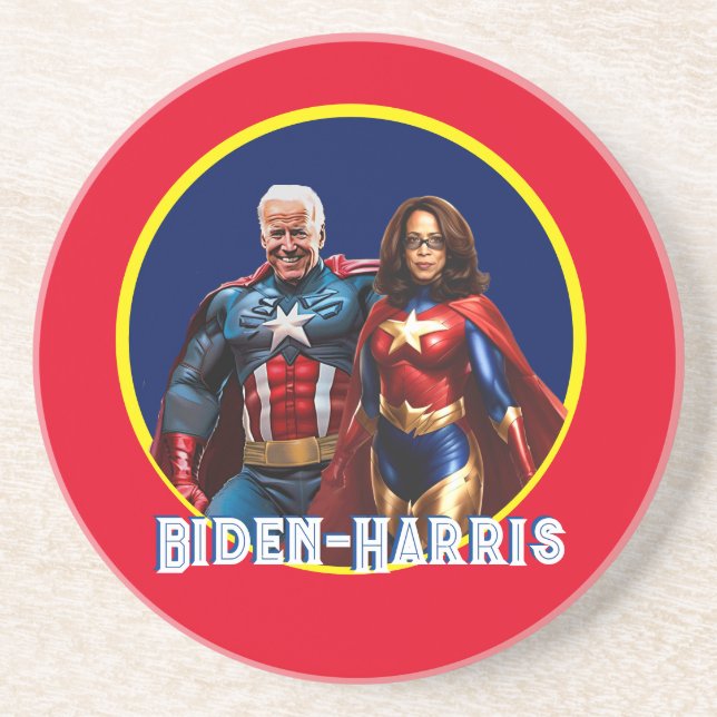 Posavasos Joe Biden y Kamala Harris como superhéroes (Frente)