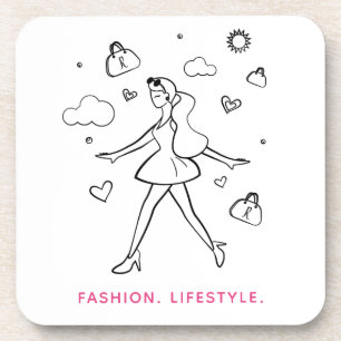 Posavasos Joven Chica de moda - Arte esbozado en blanco y ne