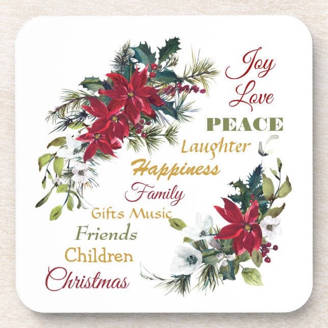 Posavasos Joy Love Peace Poinsettia Navidades (Frente)