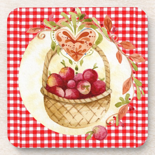 Posavasos Juego de 6 individuales de gingham rojo con cesta  (Frente)
