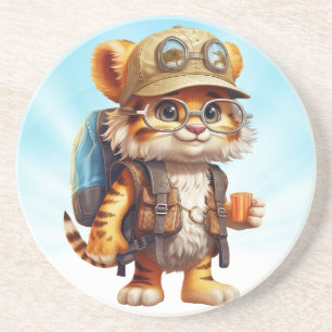 Posavasos Jugoso cubo de tigre con mochila y café