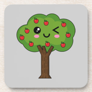 Posavasos Kawaii feliz árbol de manzanas