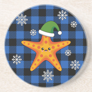 Posavasos Kawaii Navidad Starfish en patrón de búfalo azul