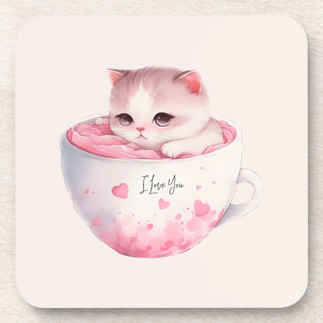 Posavasos Kawaii Pink Chibi Cat Con Una Corona Cuidadosa (Frente)