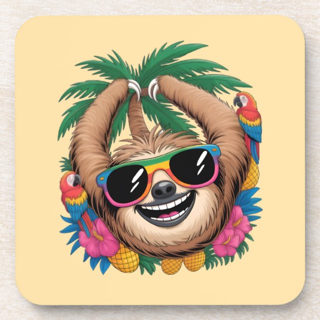 Posavasos Kawaii Tropical Sloth – Cute Summer Vibes Rainbow  (Frente)