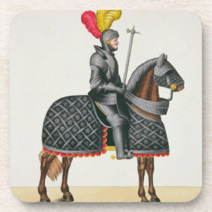 Posavasos Knight en la armadura en su caballo, placa 'de un