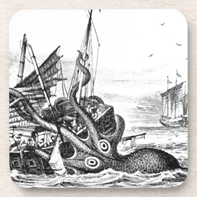 Posavasos Kraken/pulpo Eatting un barco pirata, negro/blanco (Frente)