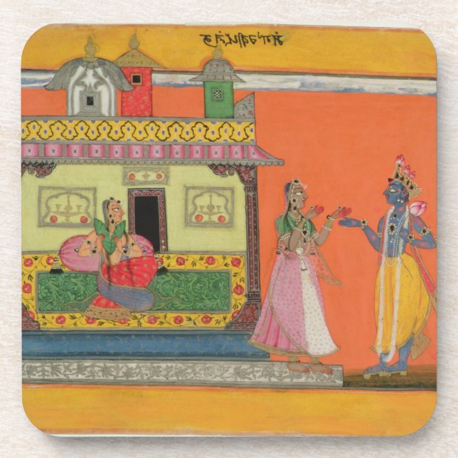 Posavasos Krishna que llega la casa de Radha, ilustracion (Frente)