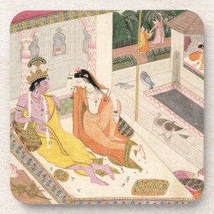 Posavasos Krishna y Radha en una cama en un palacio del