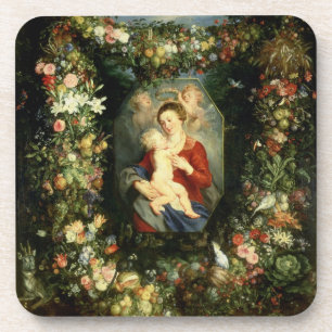 Posavasos La Virgen y el niño en una guirnalda de la fruta 
