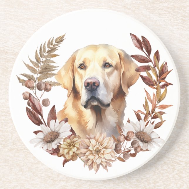 Posavasos Labrador amarillo recuperador de la guirnalda otoñ (Frente)
