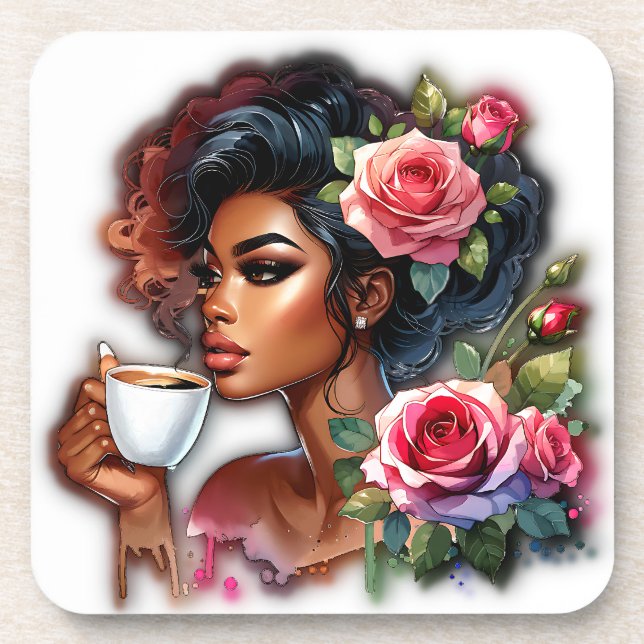 Posavasos Lady Con Rosas Rosa Disfrutando Del Café (Frente)