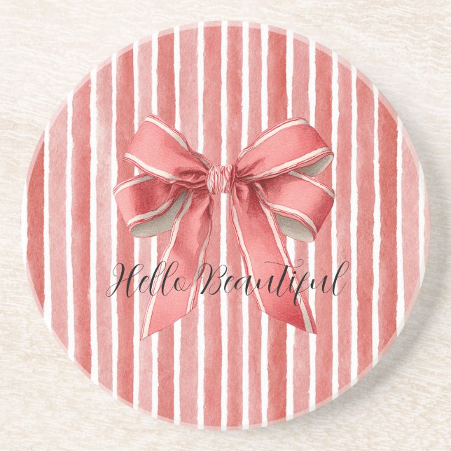 Posavasos Lazos de rayas de bastón de caramelo rosa rojo (Frente)