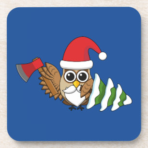 Posavasos Lechuza navidad con hacha y pino nevado