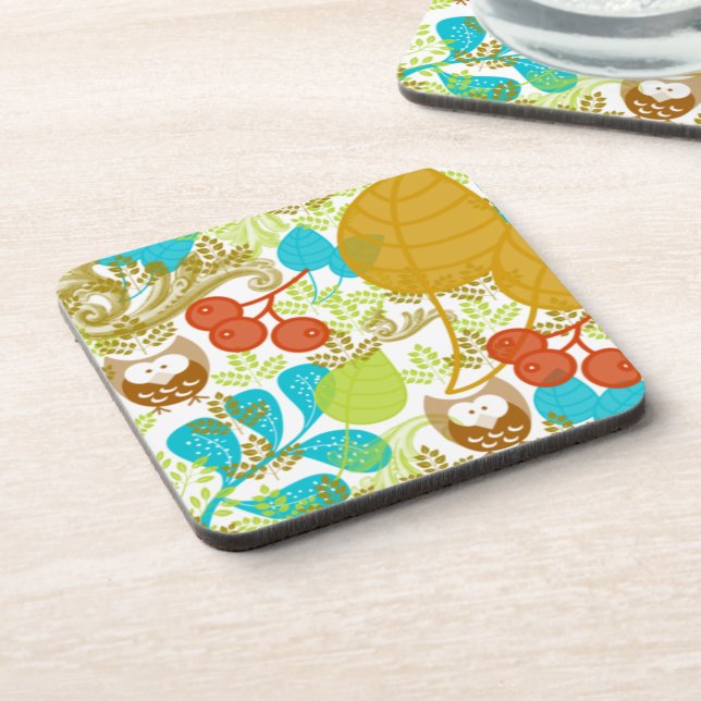 Posavasos Lechuzas retro deja fruta en verde marrón turquesa (Lado Izquierdo)