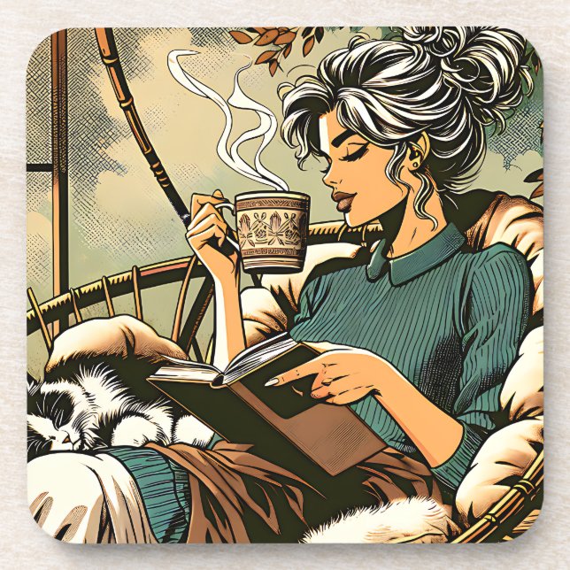 Posavasos Lecturas de una dama acogedora con café y gato (Frente)