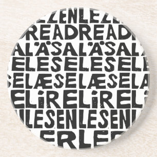 Posavasos "Leer" en blanco y negro en 8 idiomas corte de lin