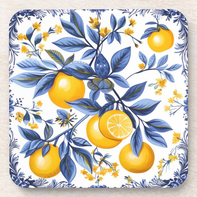 Posavasos 🍋 Lemon Azulejo con elementos azules (Frente)