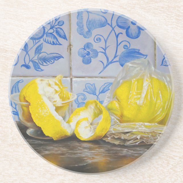 Posavasos Lemons and Azulejos — Classic Blue & Yellow Still  (Frente)
